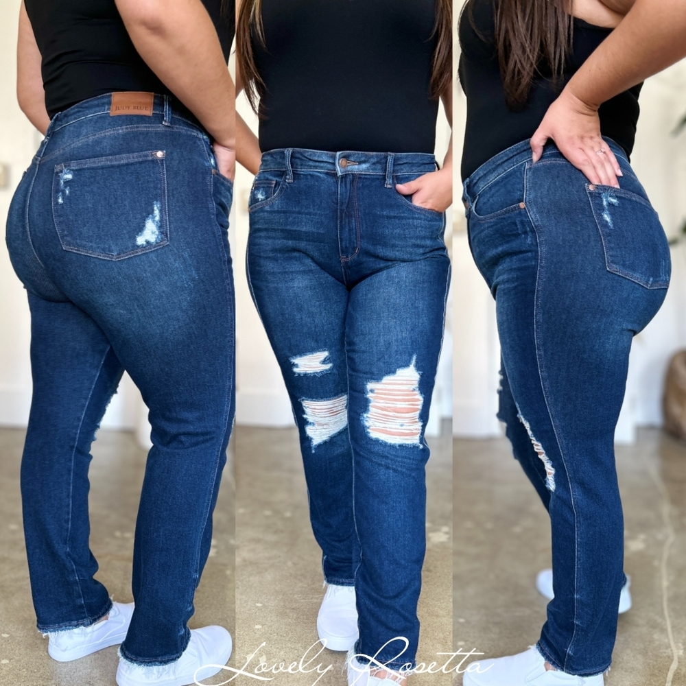 Women's High Waist Ripped Dark Blue Skinny Jeans